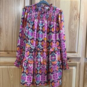 Umgee Boho Chic Festival Colorful Western Smocked Tiered Mini Dress Size L